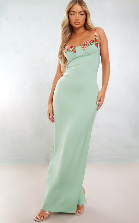 Chupu Sage Green Satin Floral Underwired Maxi Dress
